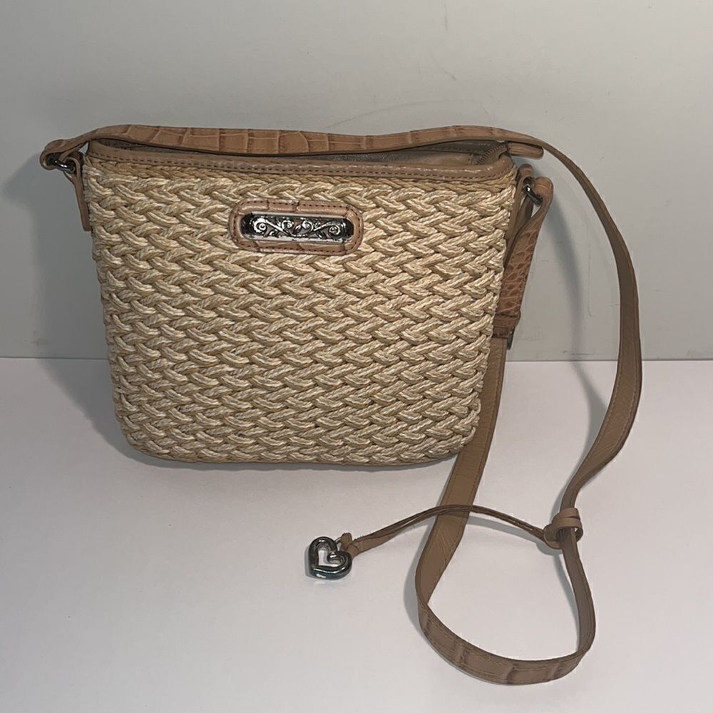 Brighton two tone tan woven purse, strap 11”x8”x22” adjustable strap.